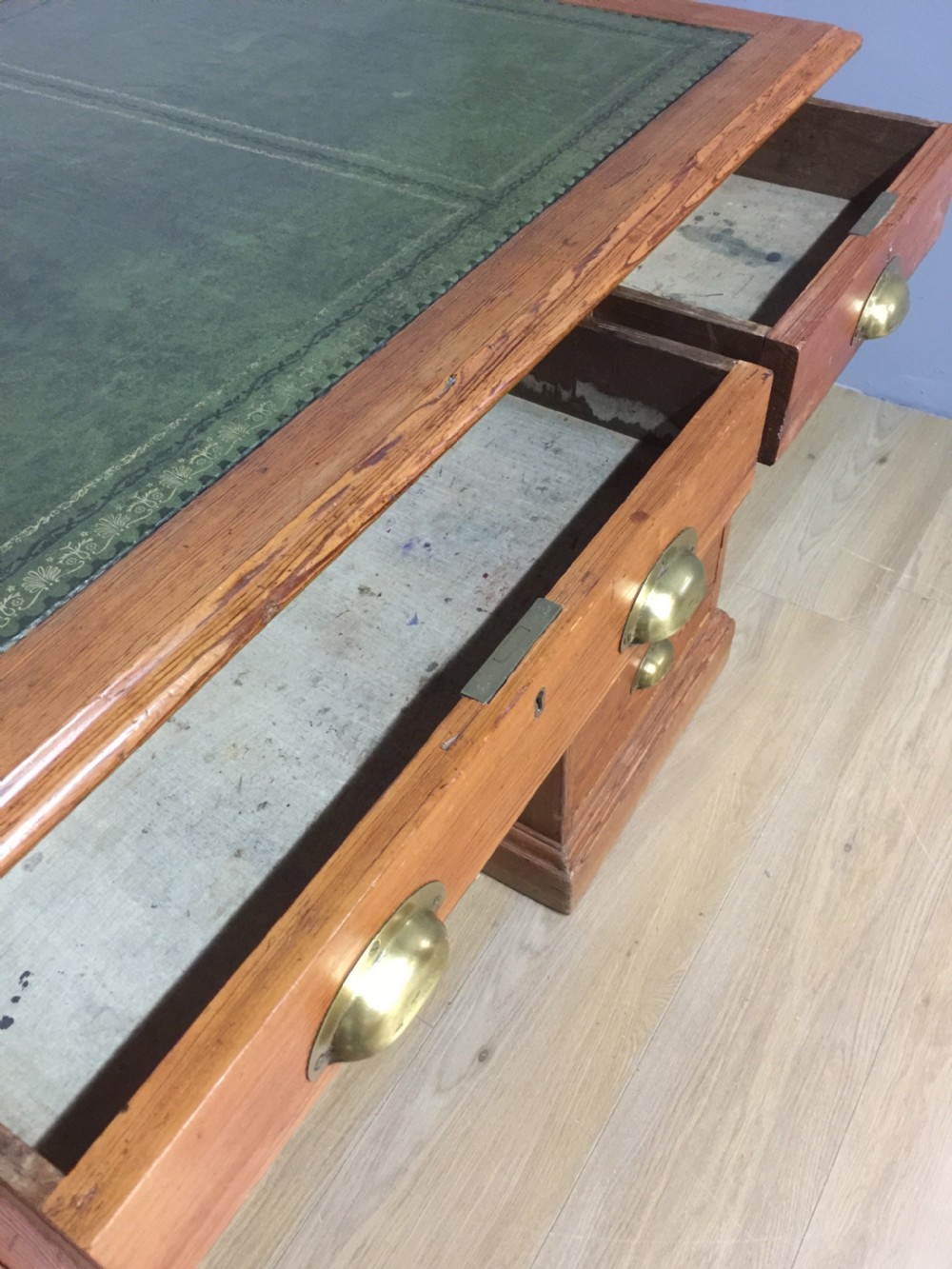 Nineteenth century pitch pine twin pedestal desk tooled leather top View VII