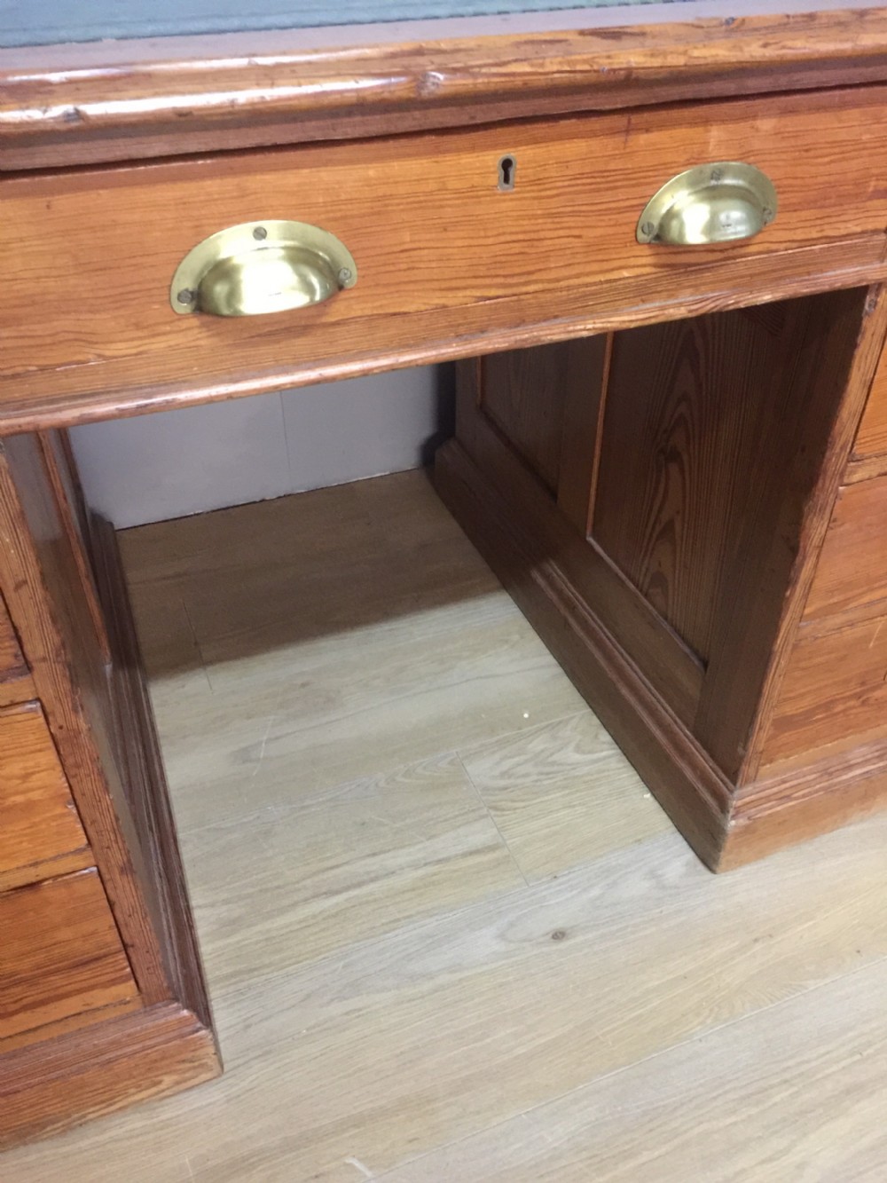 Nineteenth century pitch pine twin pedestal desk tooled leather top View VIII
