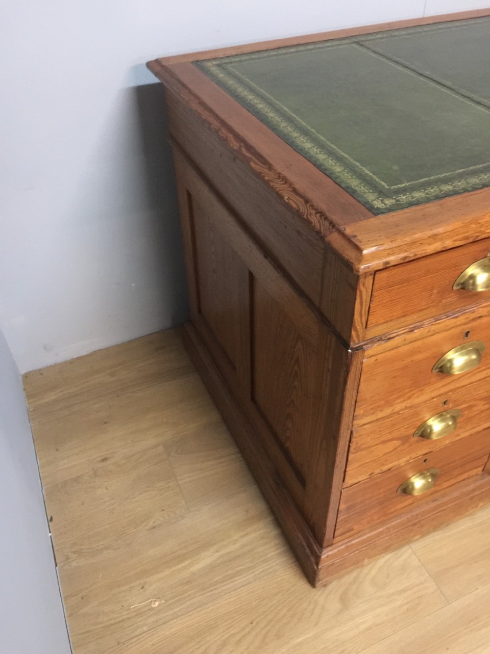 Nineteenth century pitch pine twin pedestal desk tooled leather top View IX