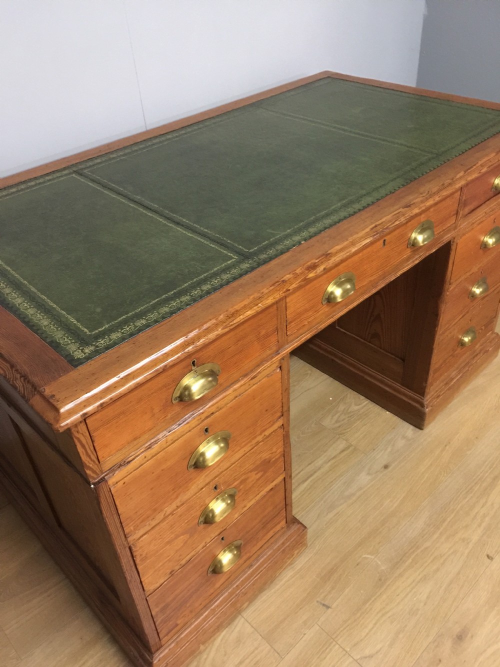 Nineteenth century pitch pine twin pedestal desk tooled leather top View X