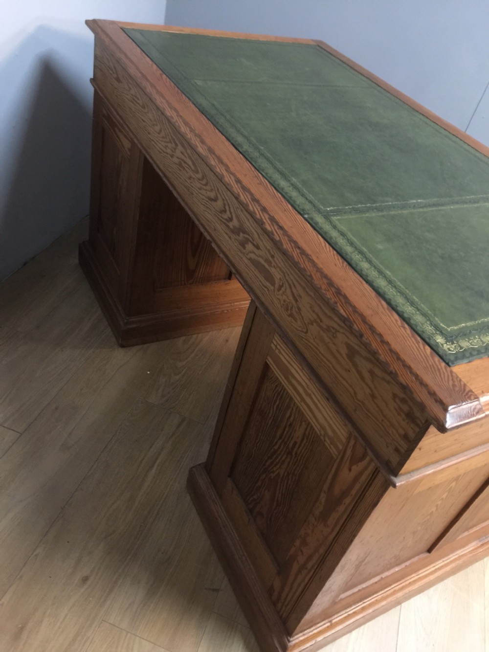 Nineteenth century pitch pine twin pedestal desk tooled leather top View XI