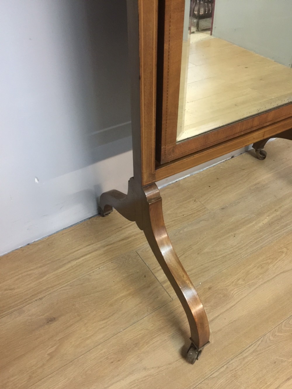 Nineteenth century Sheraton style inlaid mahogany cheval mirror View II