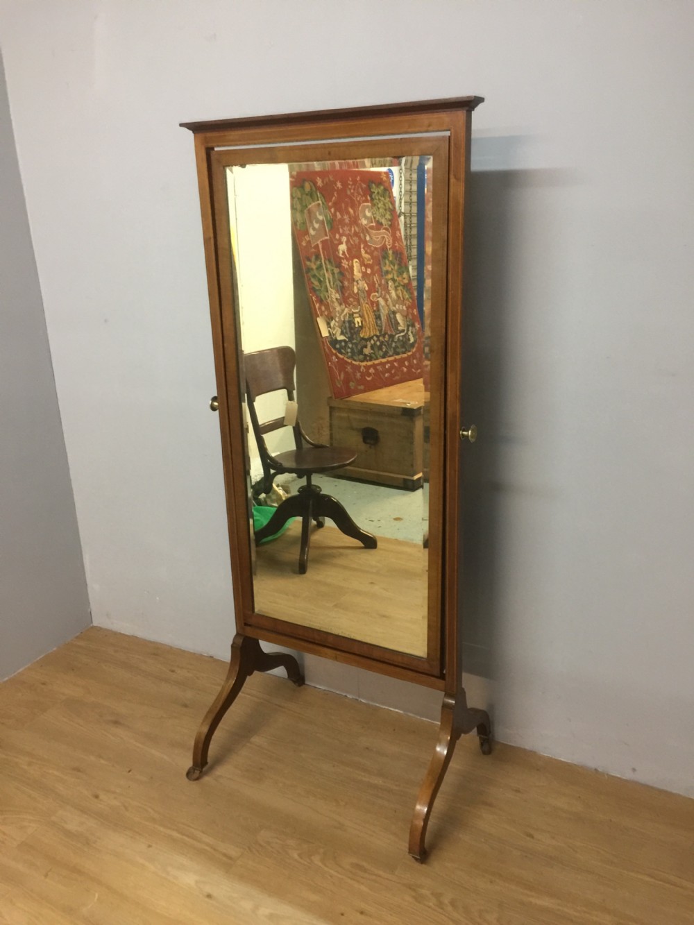 Nineteenth century Sheraton style inlaid mahogany cheval mirror View V