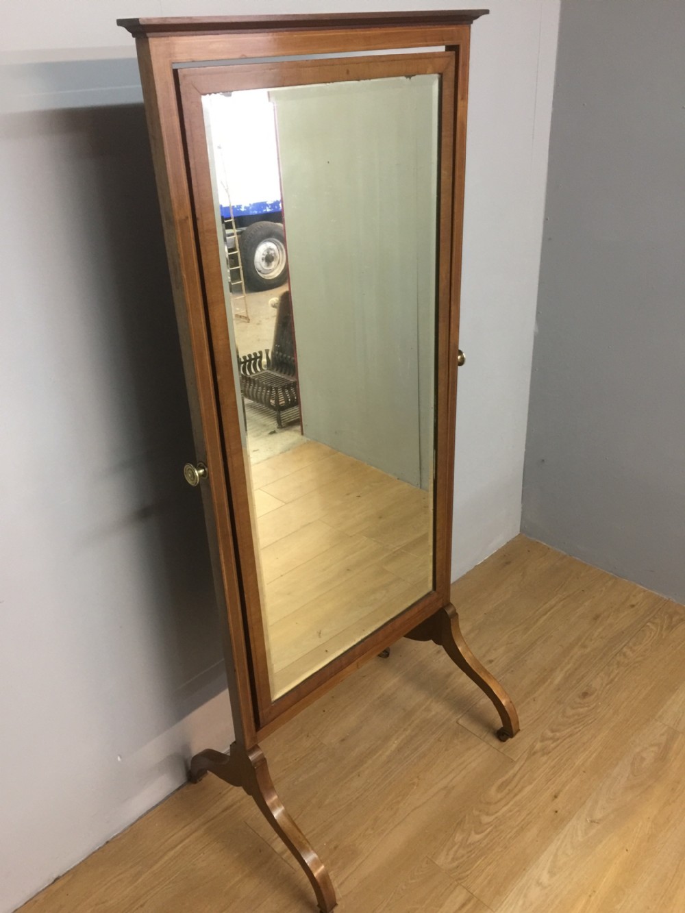 Nineteenth century Sheraton style inlaid mahogany cheval mirror View VI