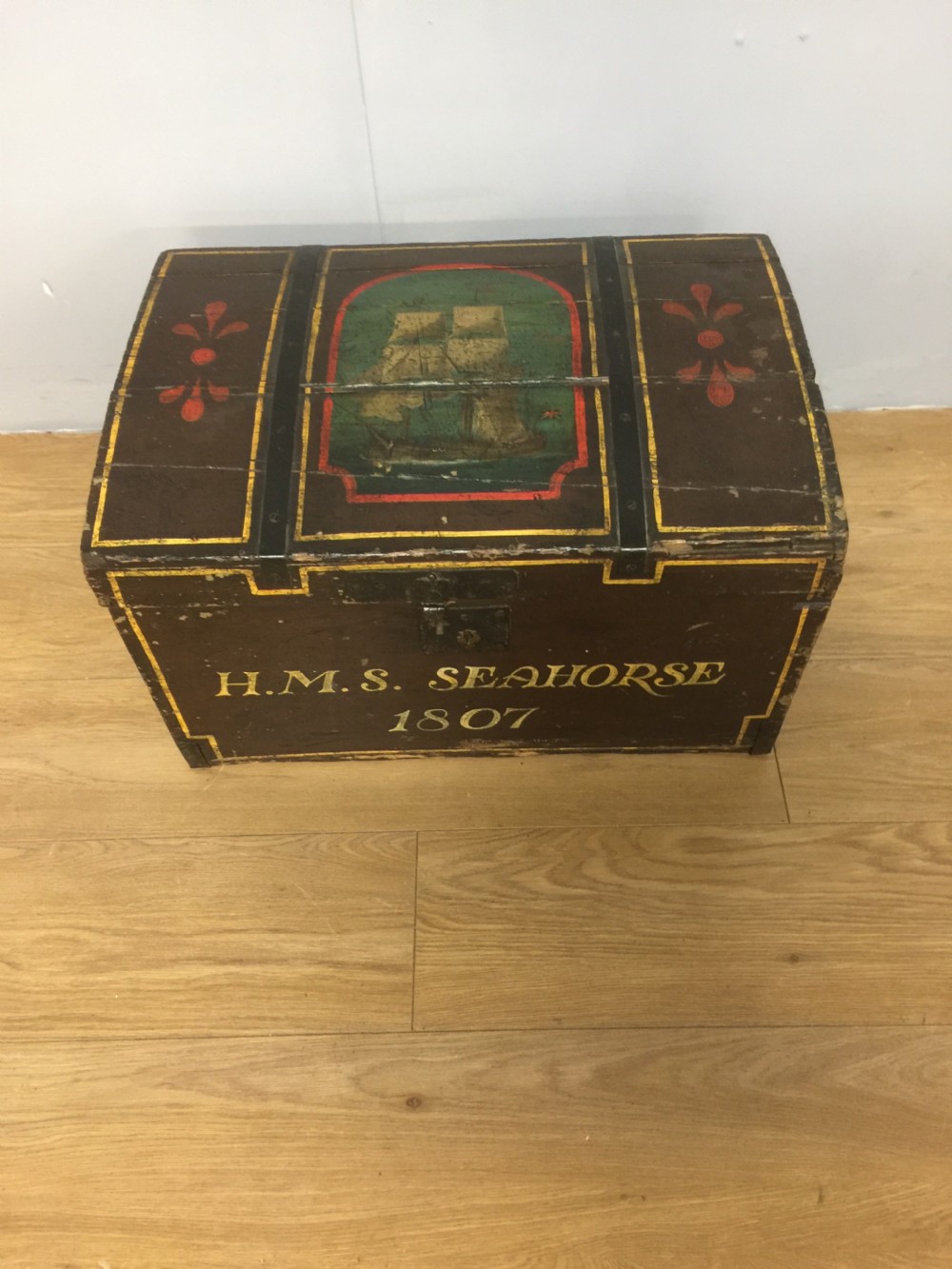 Nineteenth century dome topped pine trunk with painted decoration  View III
