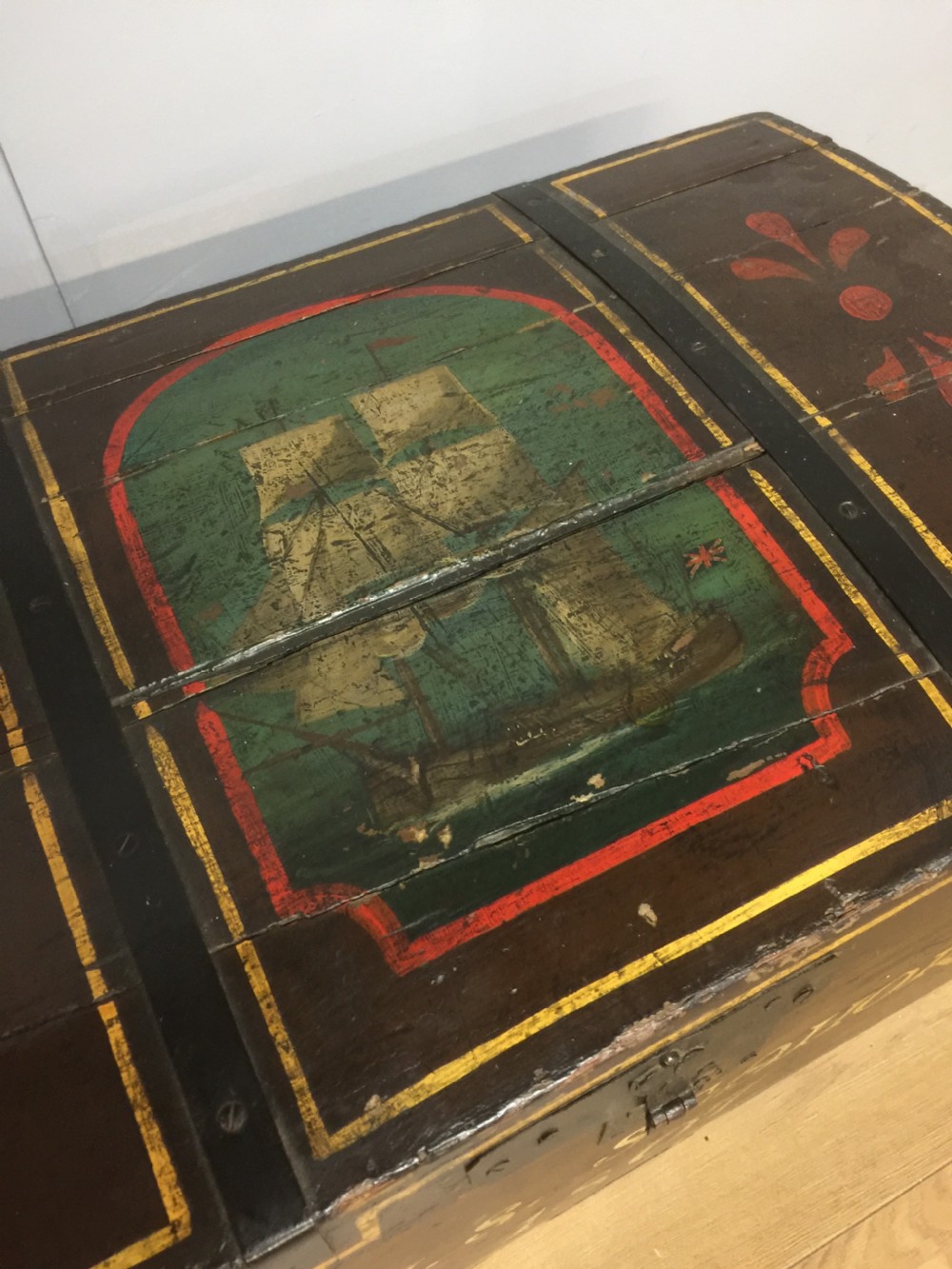 Nineteenth century dome topped pine trunk with painted decoration  View V