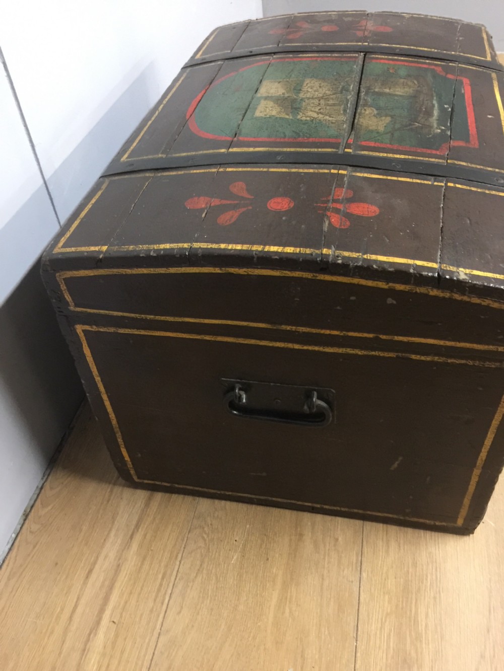 Nineteenth century dome topped pine trunk with painted decoration  View VIII