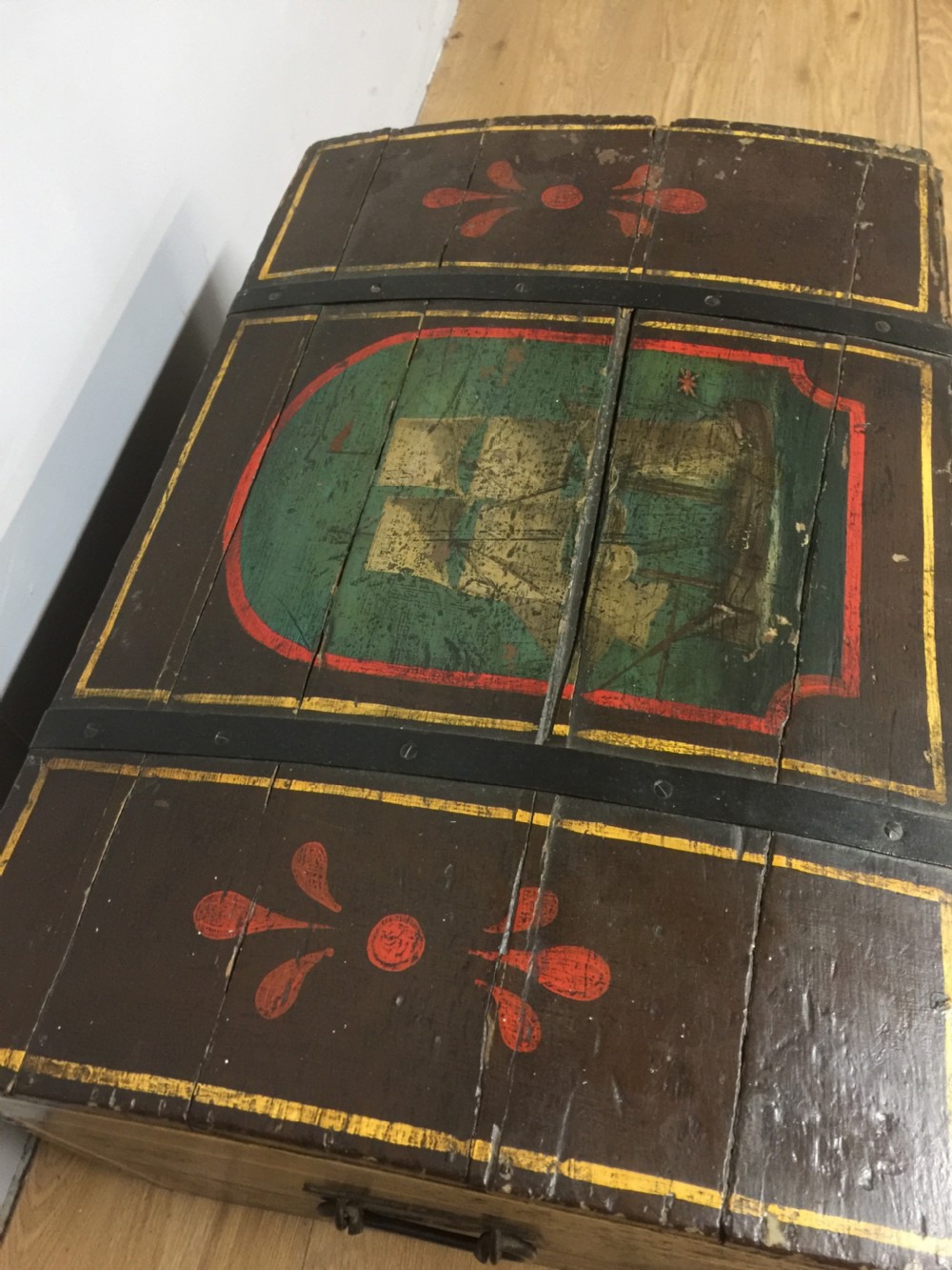 Nineteenth century dome topped pine trunk with painted decoration  View IX
