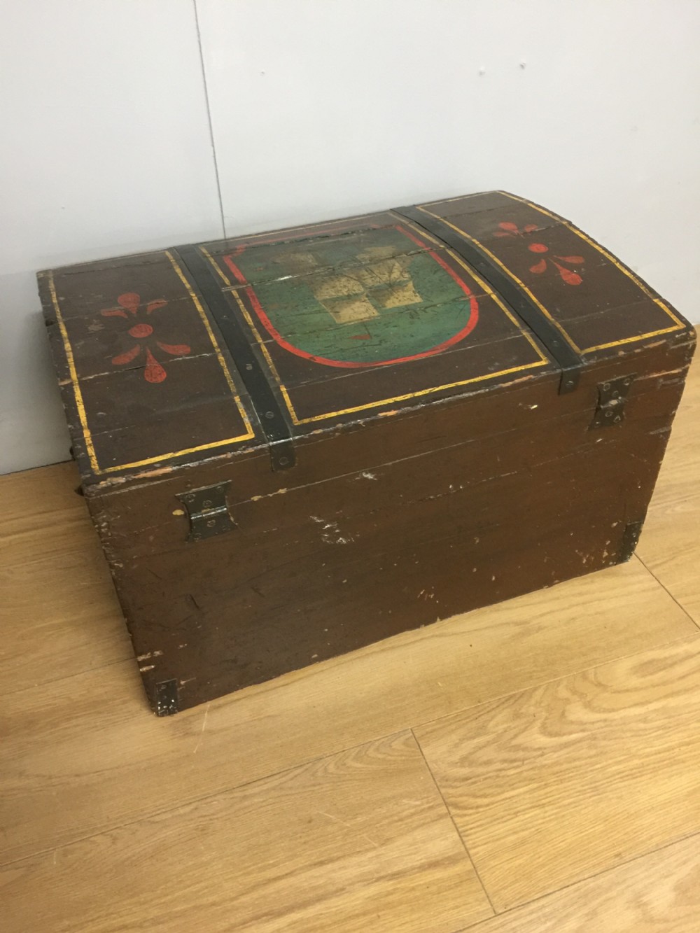 Nineteenth century dome topped pine trunk with painted decoration  View X