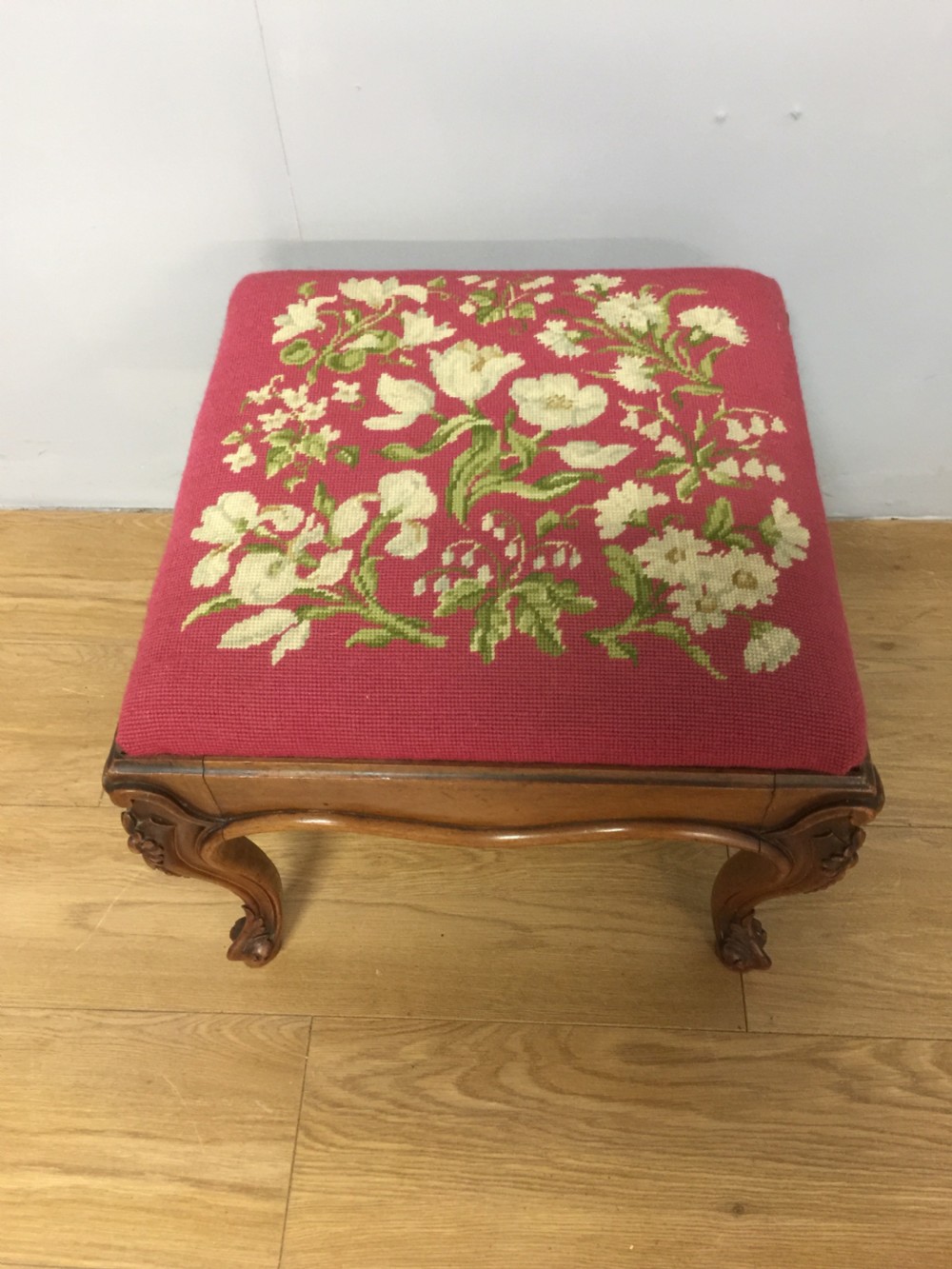 Nineteenth century walnut stool on carved Cabriole legs  View II