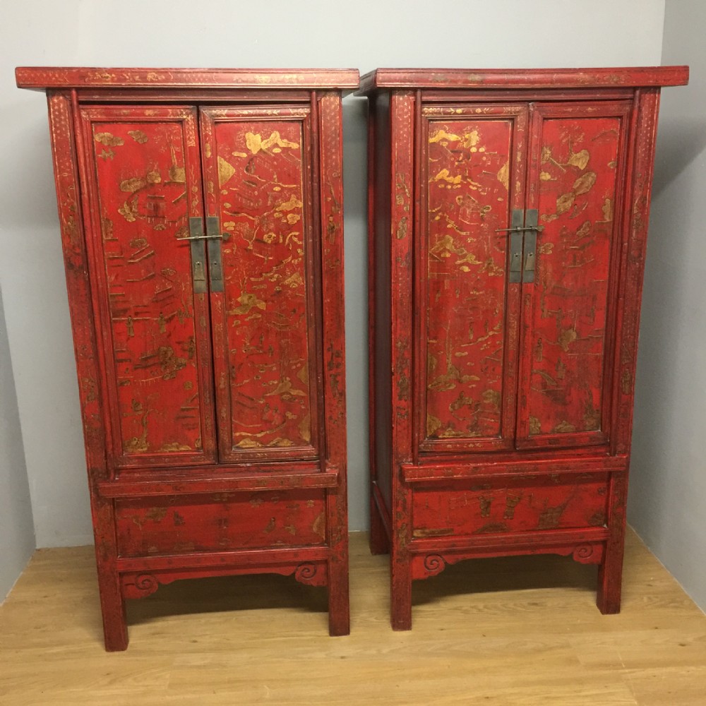 Pair of red lacquer Chinese wedding cabinets circa 1920