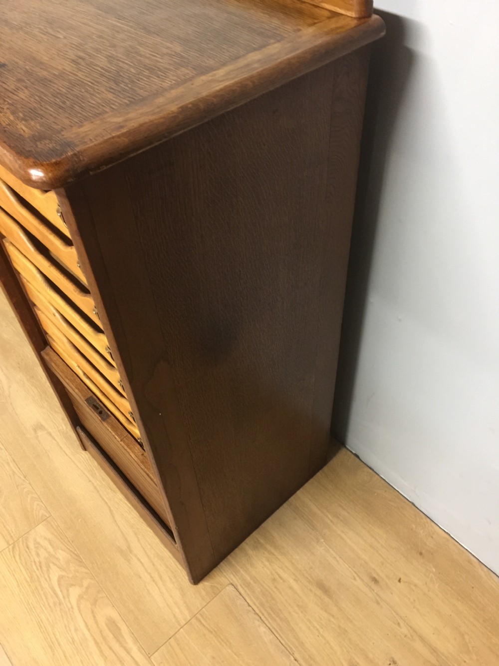 Oak tambour fronted filing cabinet in original condition  View VI