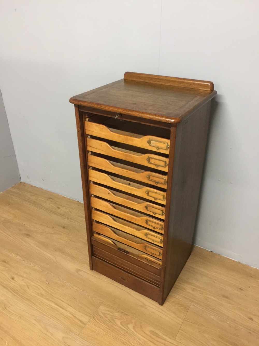 Oak tambour fronted filing cabinet in original condition  View VIII