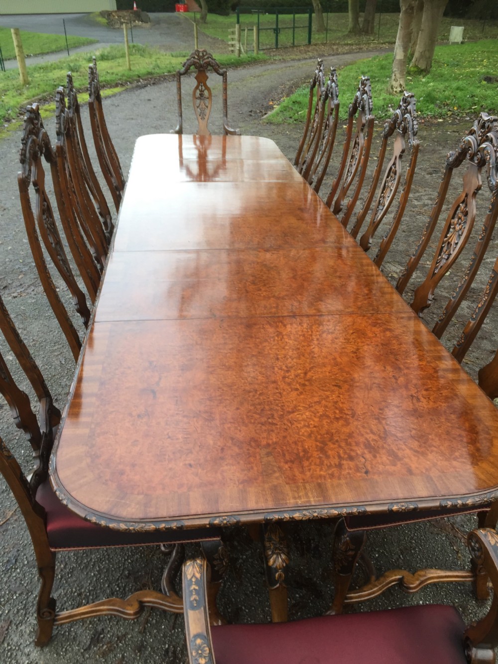 Burr walnut 14 seater dining table with 14 dining chairs View II
