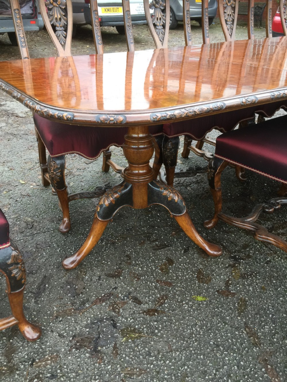 Burr walnut 14 seater dining table with 14 dining chairs View III