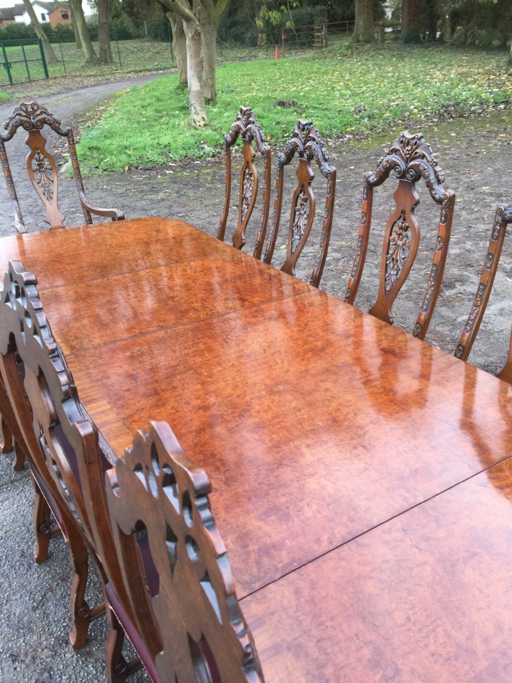 Burr walnut 14 seater dining table with 14 dining chairs View IV