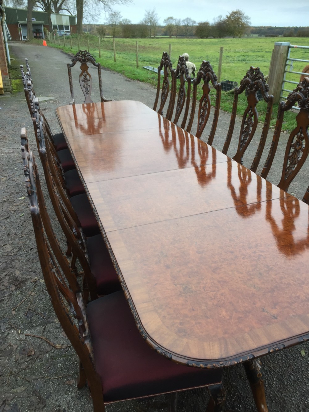 Burr walnut 14 seater dining table with 14 dining chairs View IX