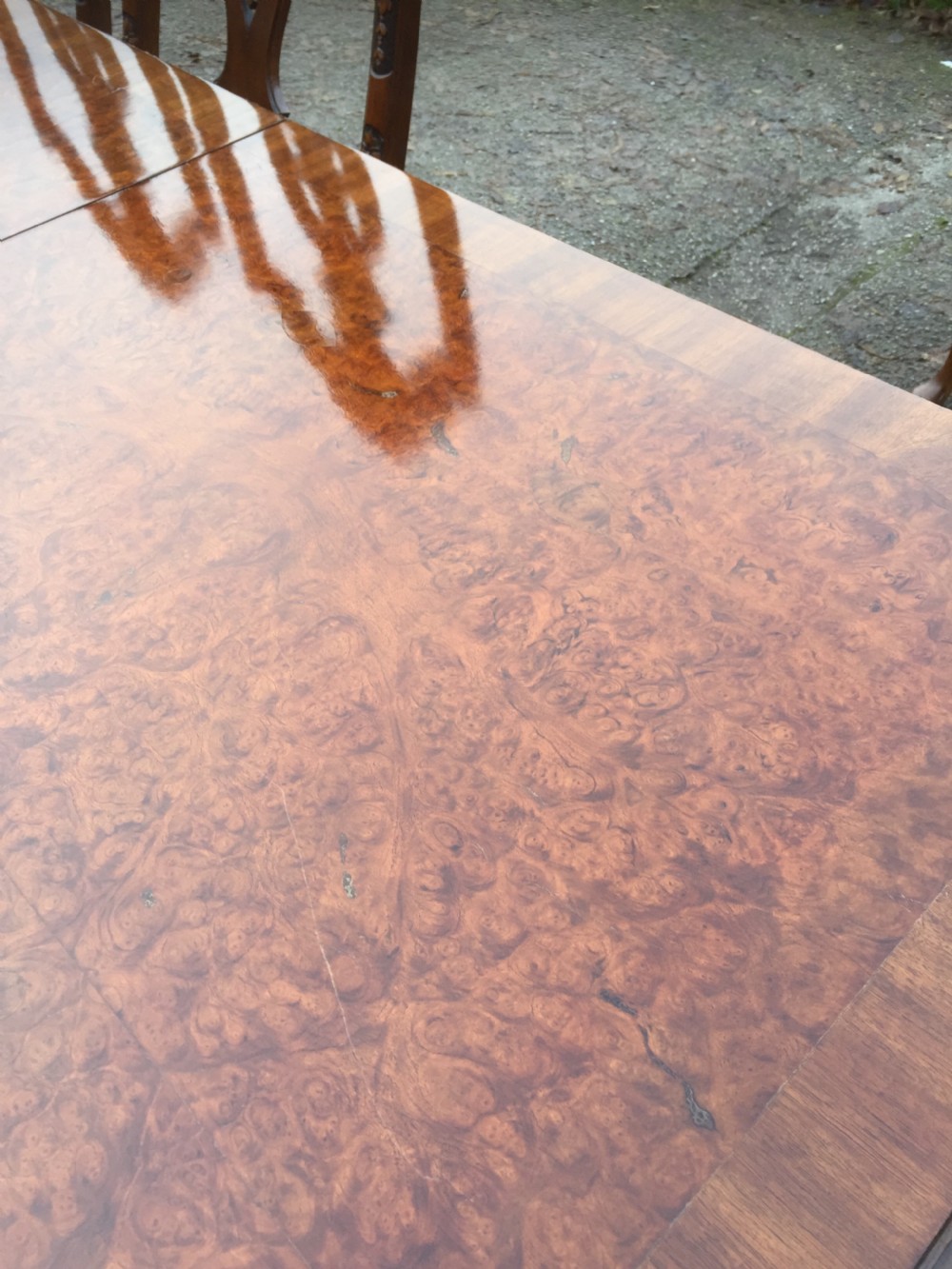 Burr walnut 14 seater dining table with 14 dining chairs View X