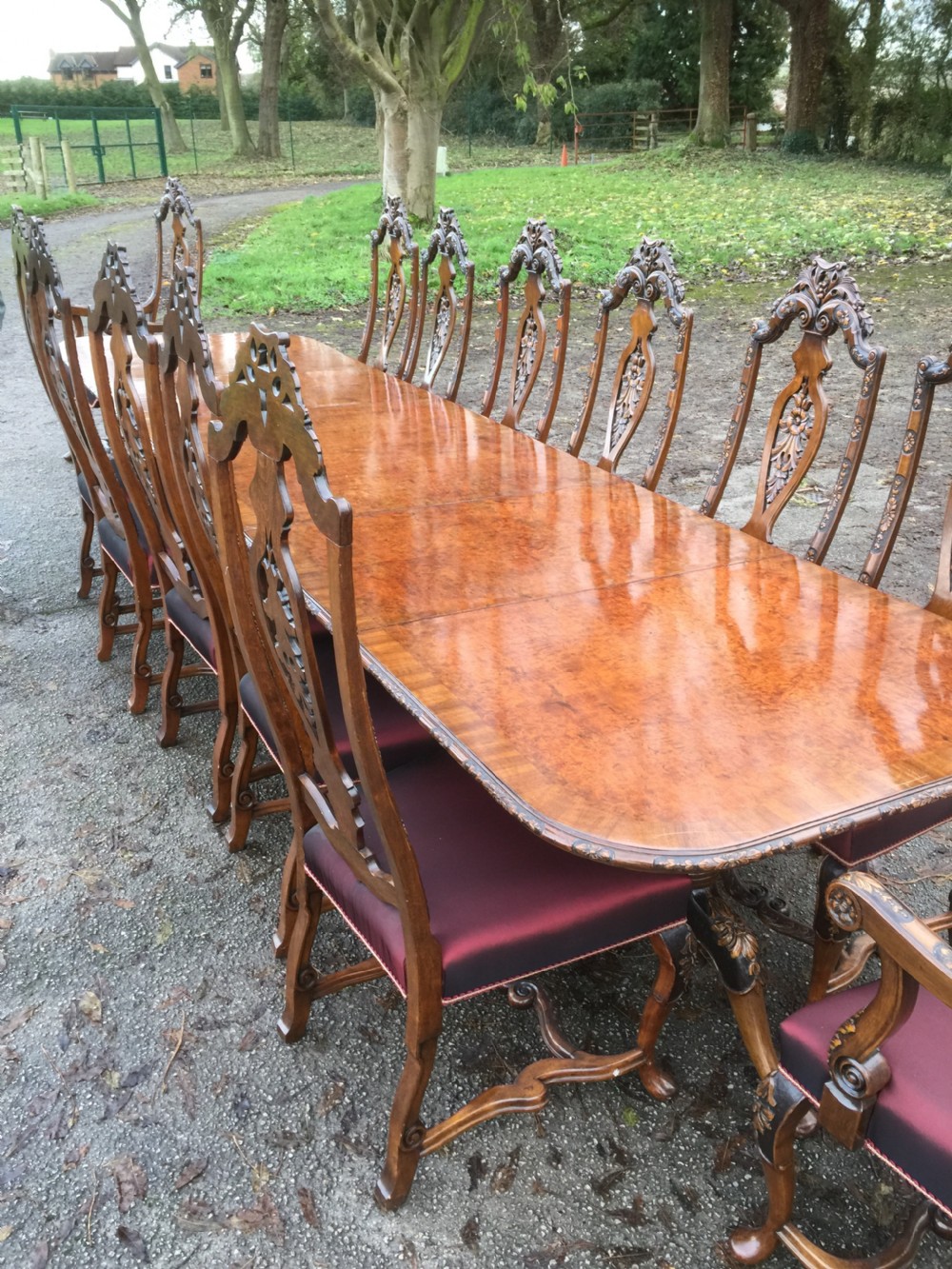 Burr walnut 14 seater dining table with 14 dining chairs View XII