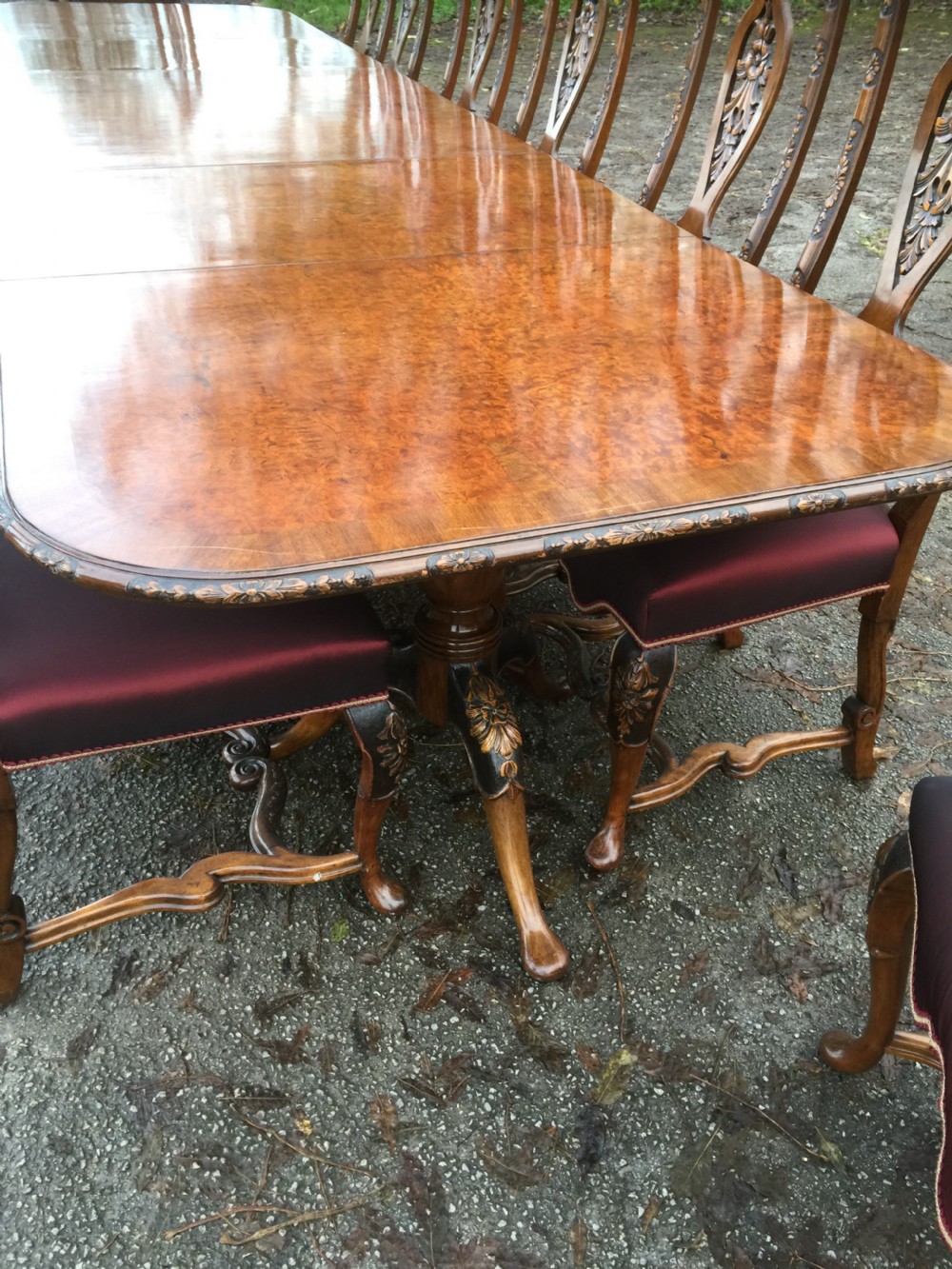 Burr walnut 14 seater dining table with 14 dining chairs View XIII