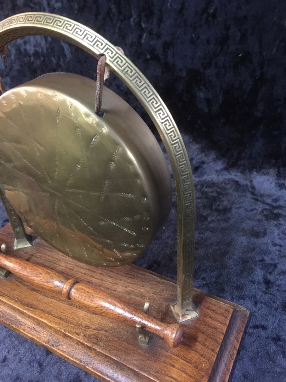 Edwardian oak and brass table dinner gong  View IV