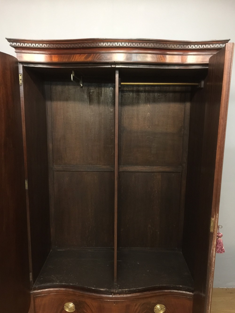 Edwardian Sheraton style serpentine fronted flame mahogany wardrobe  View VIII