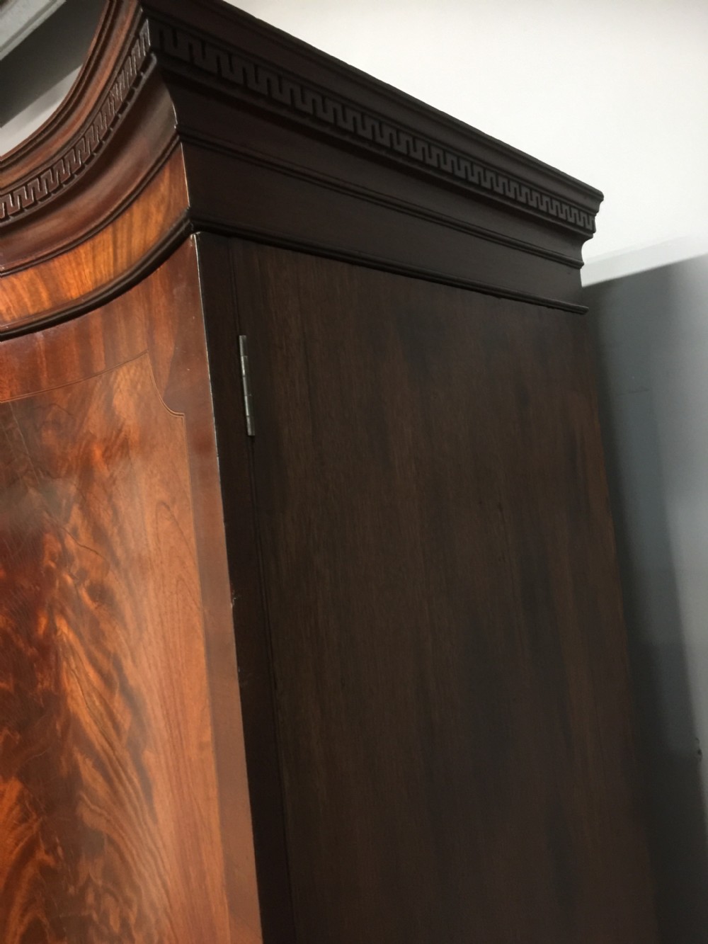 Edwardian Sheraton style serpentine fronted flame mahogany wardrobe  View IX