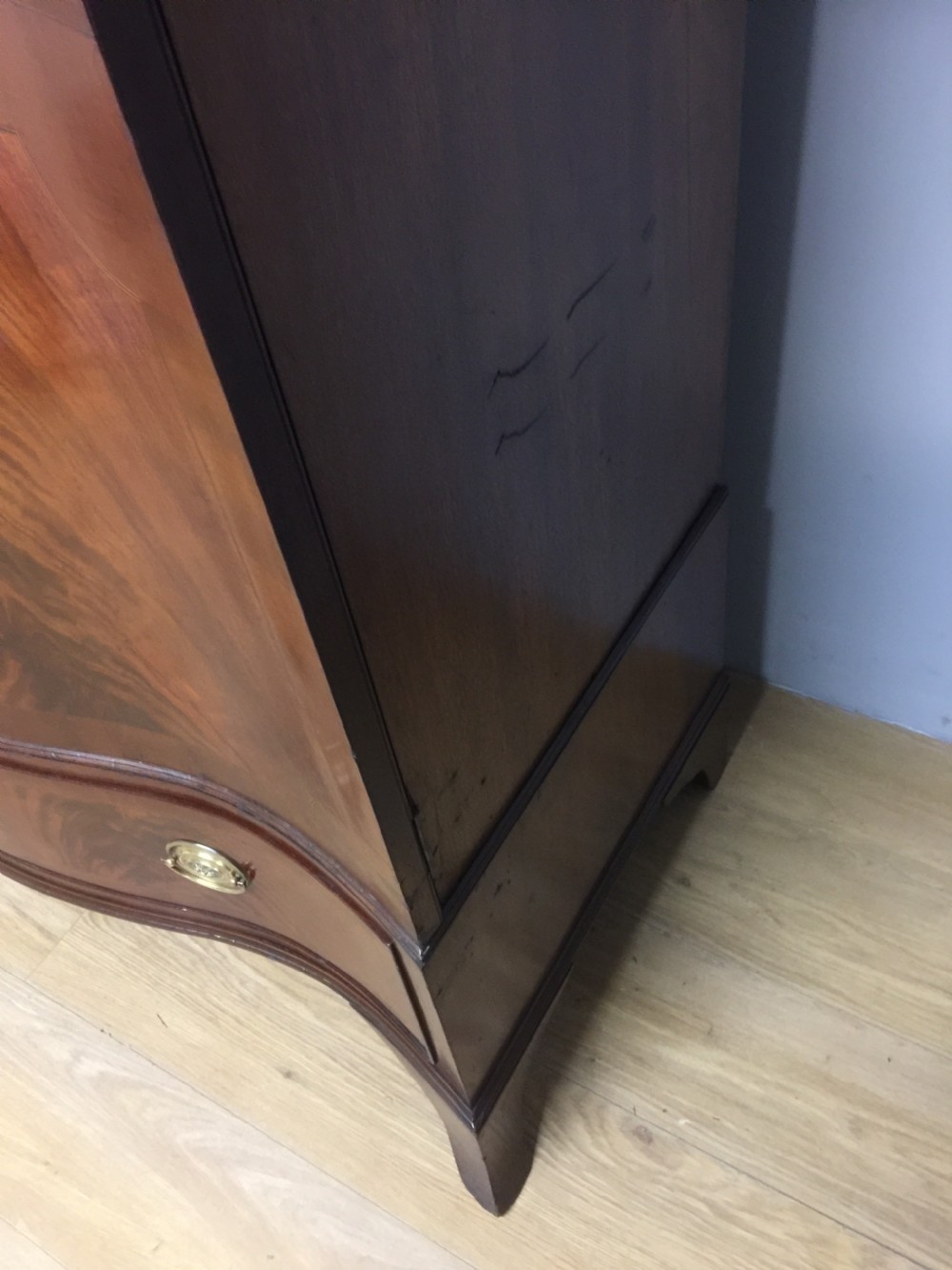 Edwardian Sheraton style serpentine fronted flame mahogany wardrobe  View X