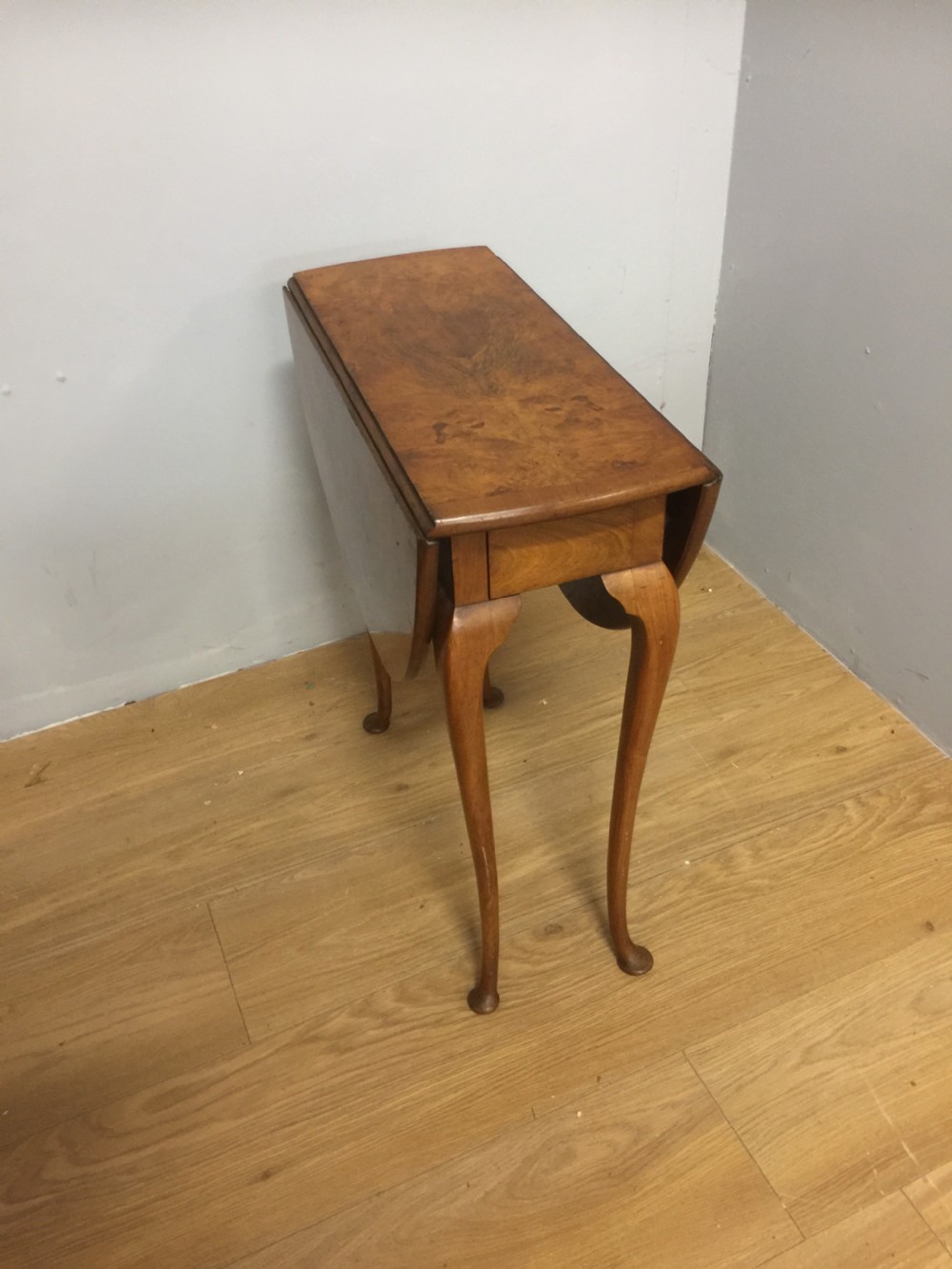 Small burr walnut drop leaf table circa 1900 View V