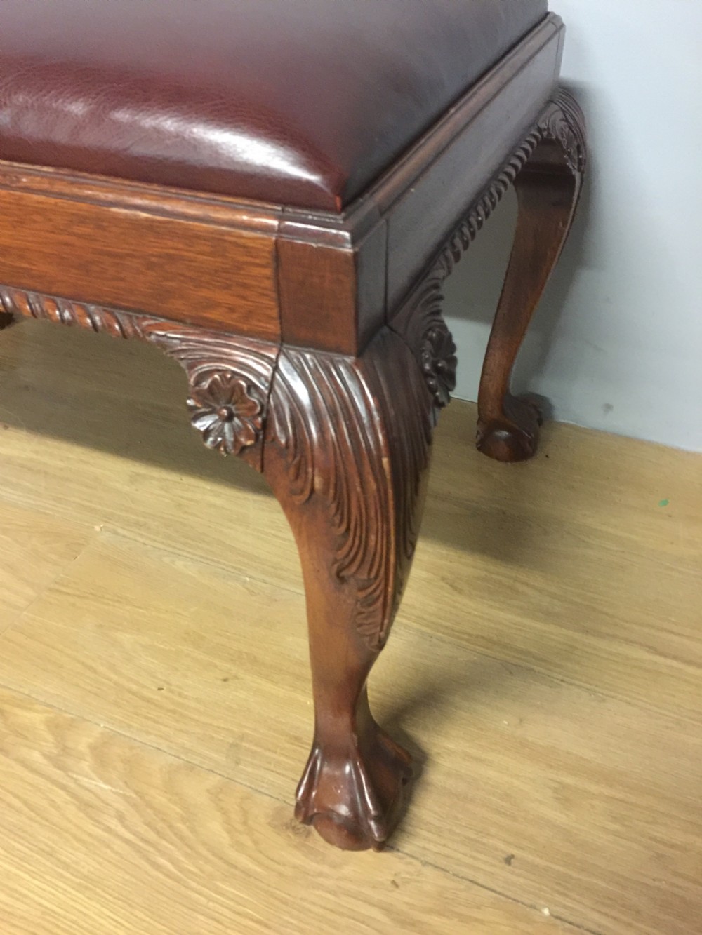 Chippendale style stool with leather top circa 1930 View V