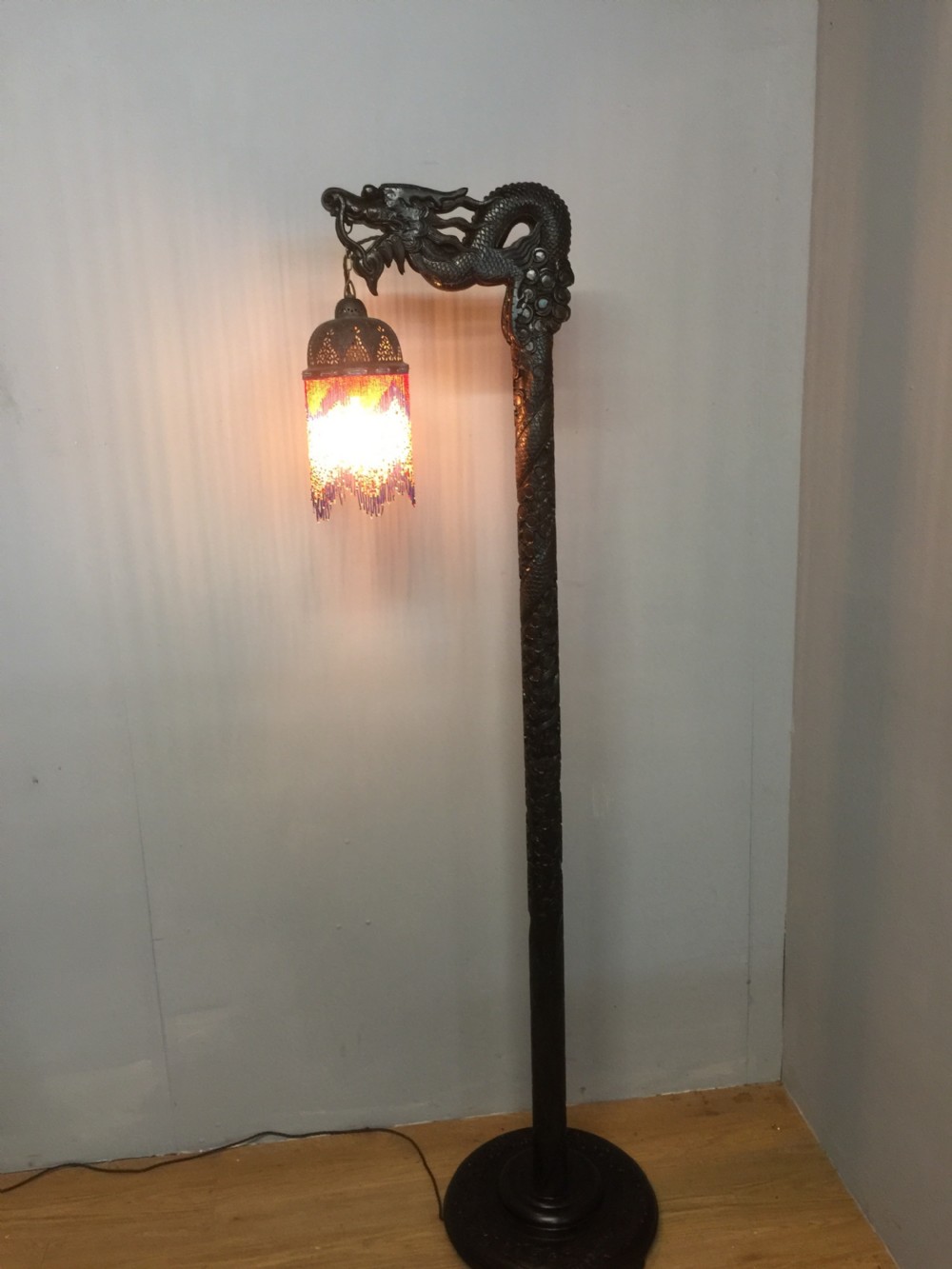 Carved Chinese hardwood standard lamp circa 1920 View V