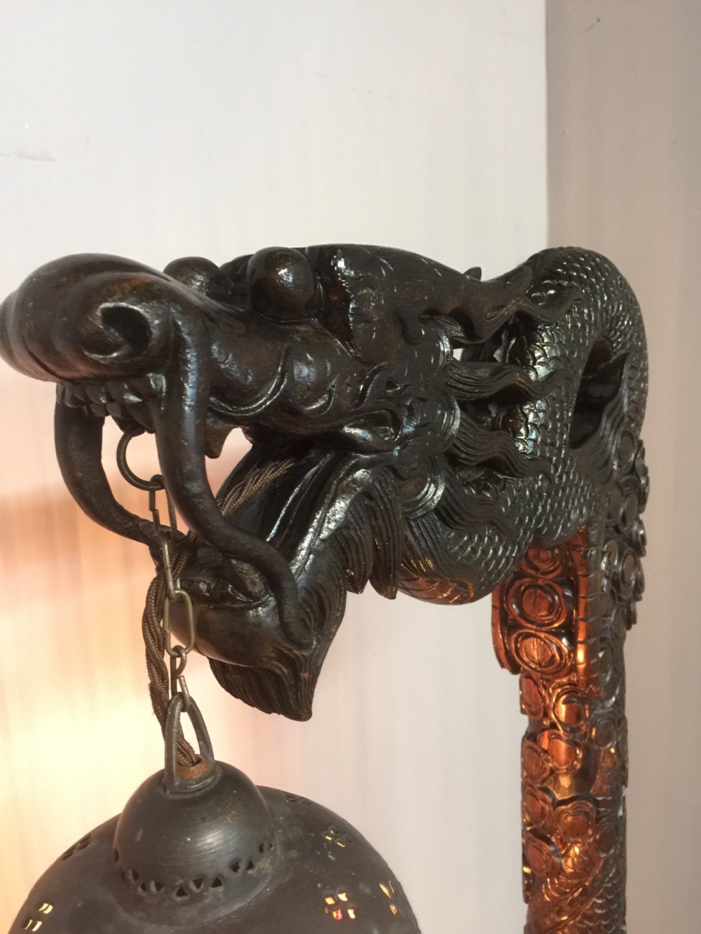 Carved Chinese hardwood standard lamp circa 1920 View IX