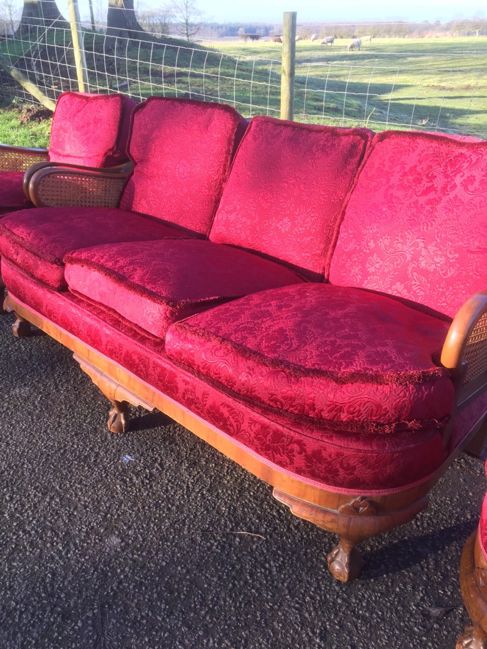 Walnut bergere three piece suite with feather seat and back cushions  View III