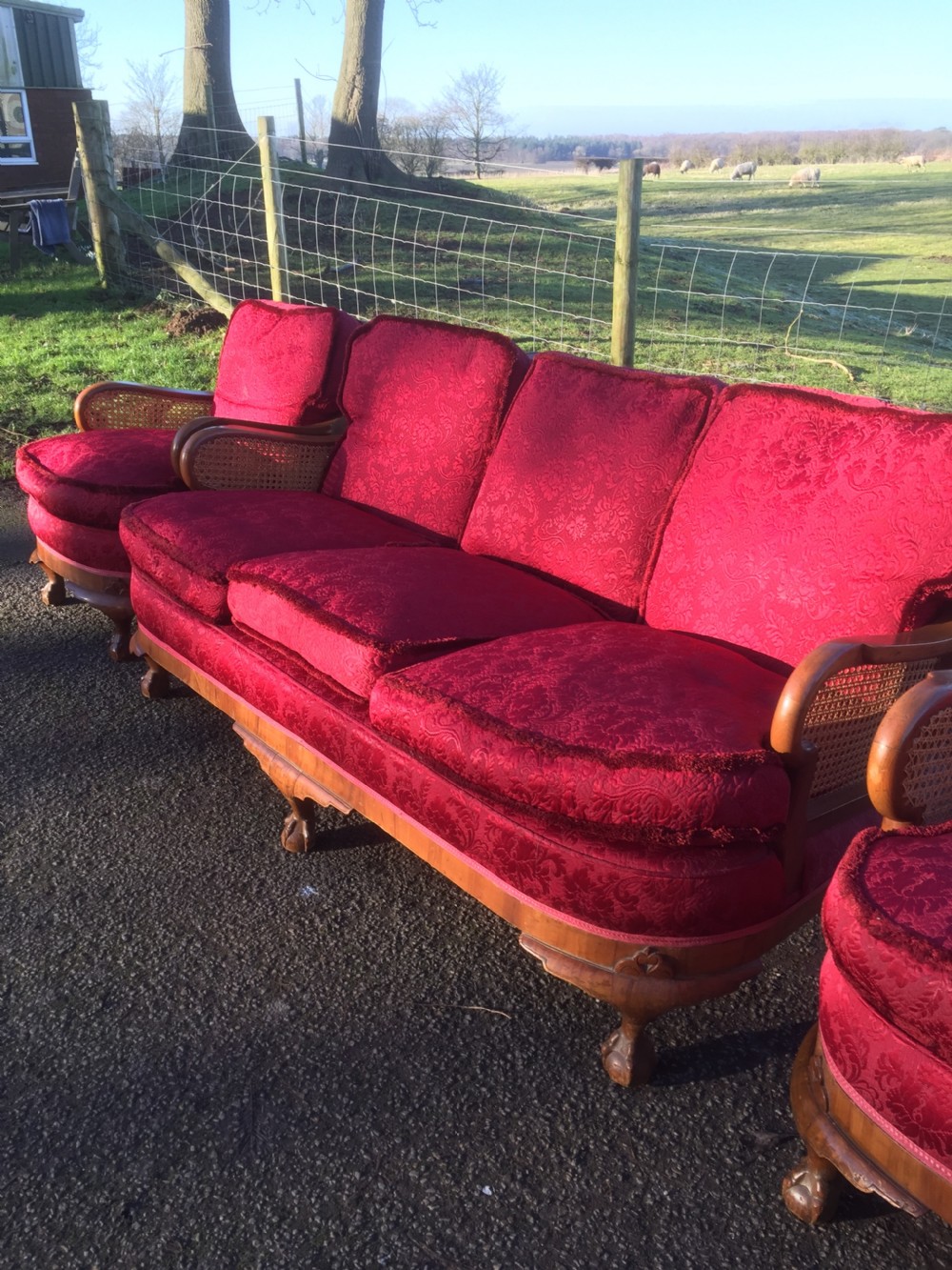 Walnut bergere three piece suite with feather seat and back cushions  View X