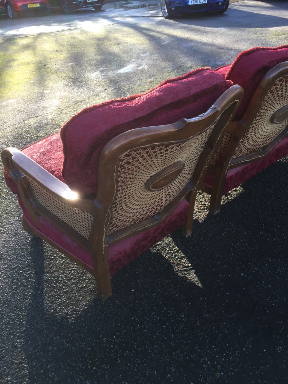 Walnut bergere three piece suite with feather seat and back cushions  View XIII
