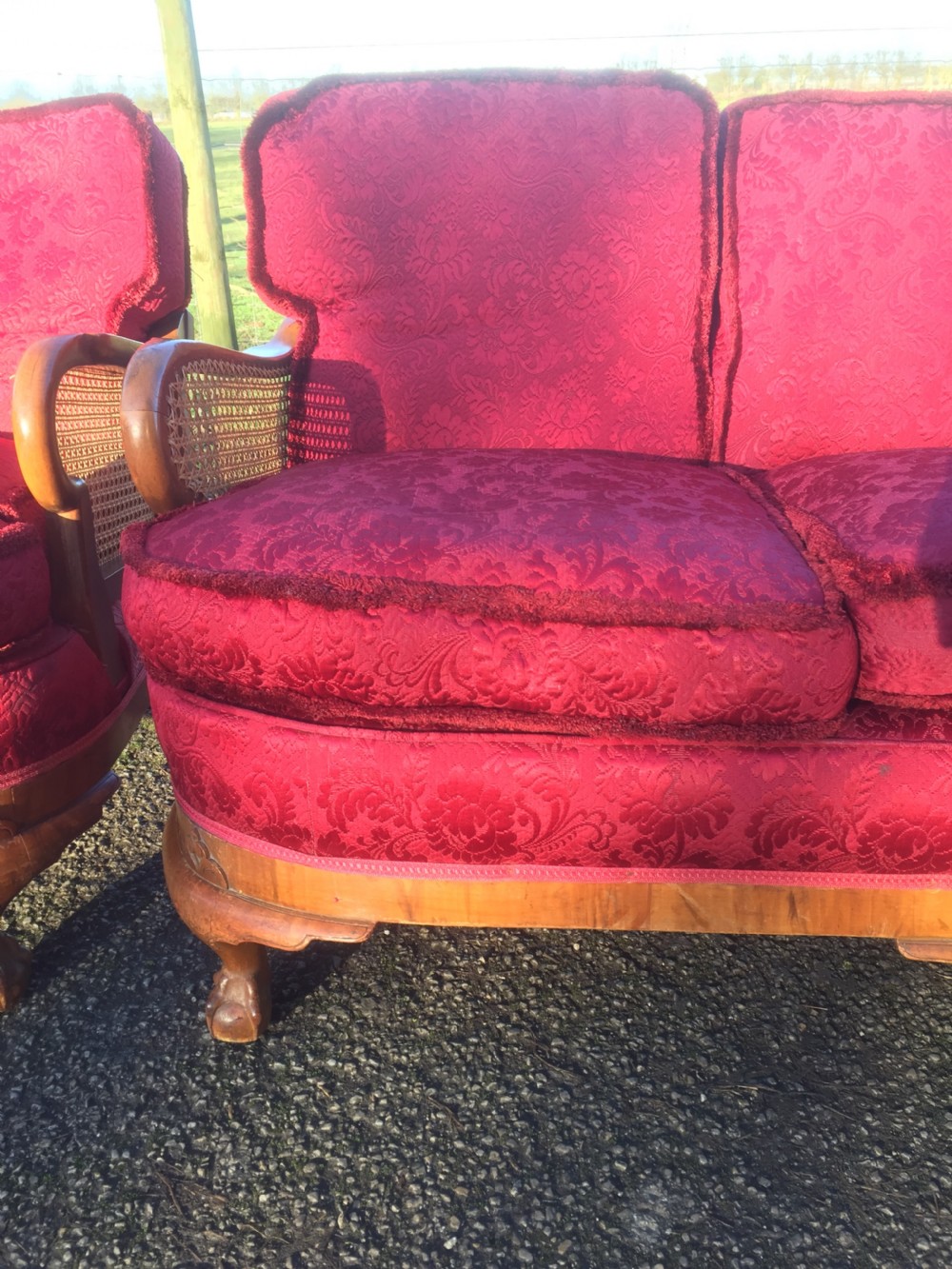 Walnut bergere three piece suite with feather seat and back cushions  View XV