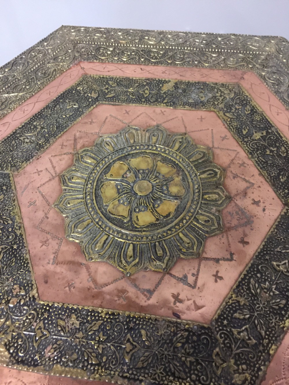 Anglo Indian hexagonal occasional table in brass and copper View V