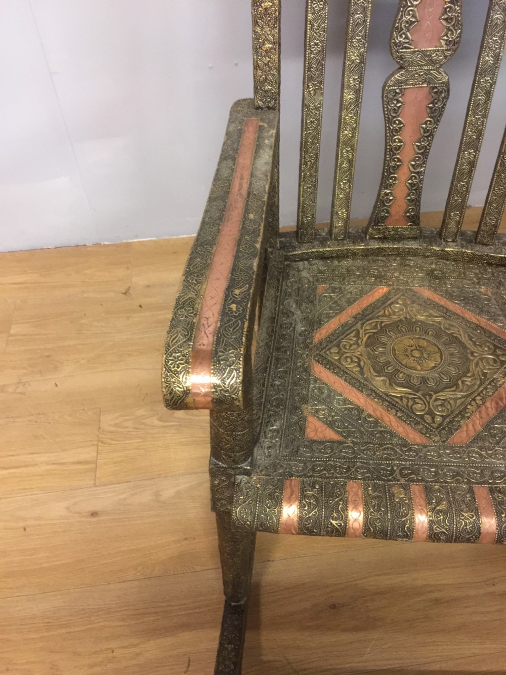Anglo Indian brass and copper decorated rocking chair View V