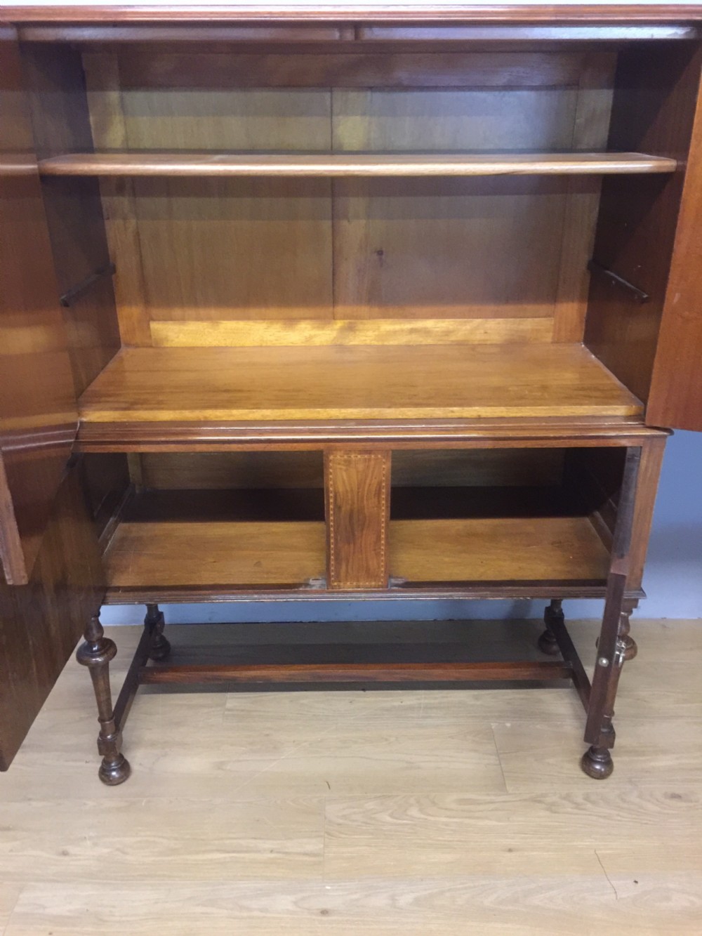 Inlaid burr walnut side cabinet on turned supports circa 1920 View IX