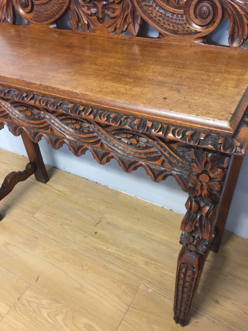 Nineteenth century carved solid oak console table with green man mask View III