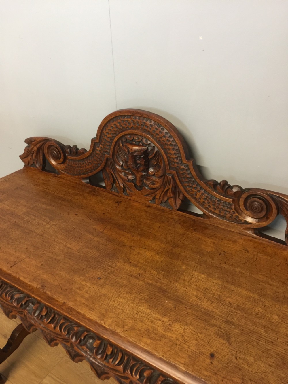 Nineteenth century carved solid oak console table with green man mask View IV