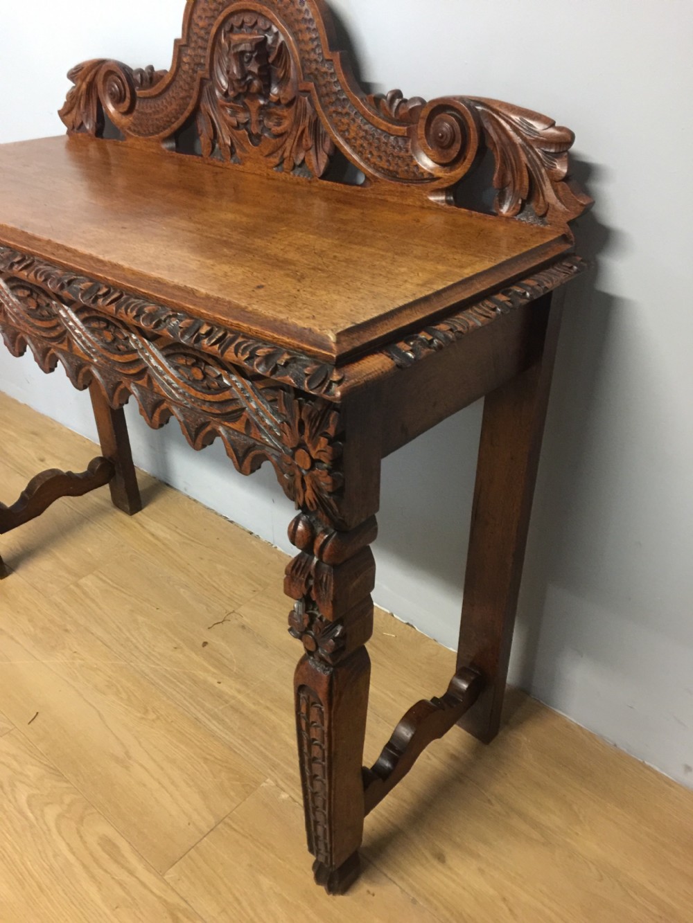 Nineteenth century carved solid oak console table with green man mask View V