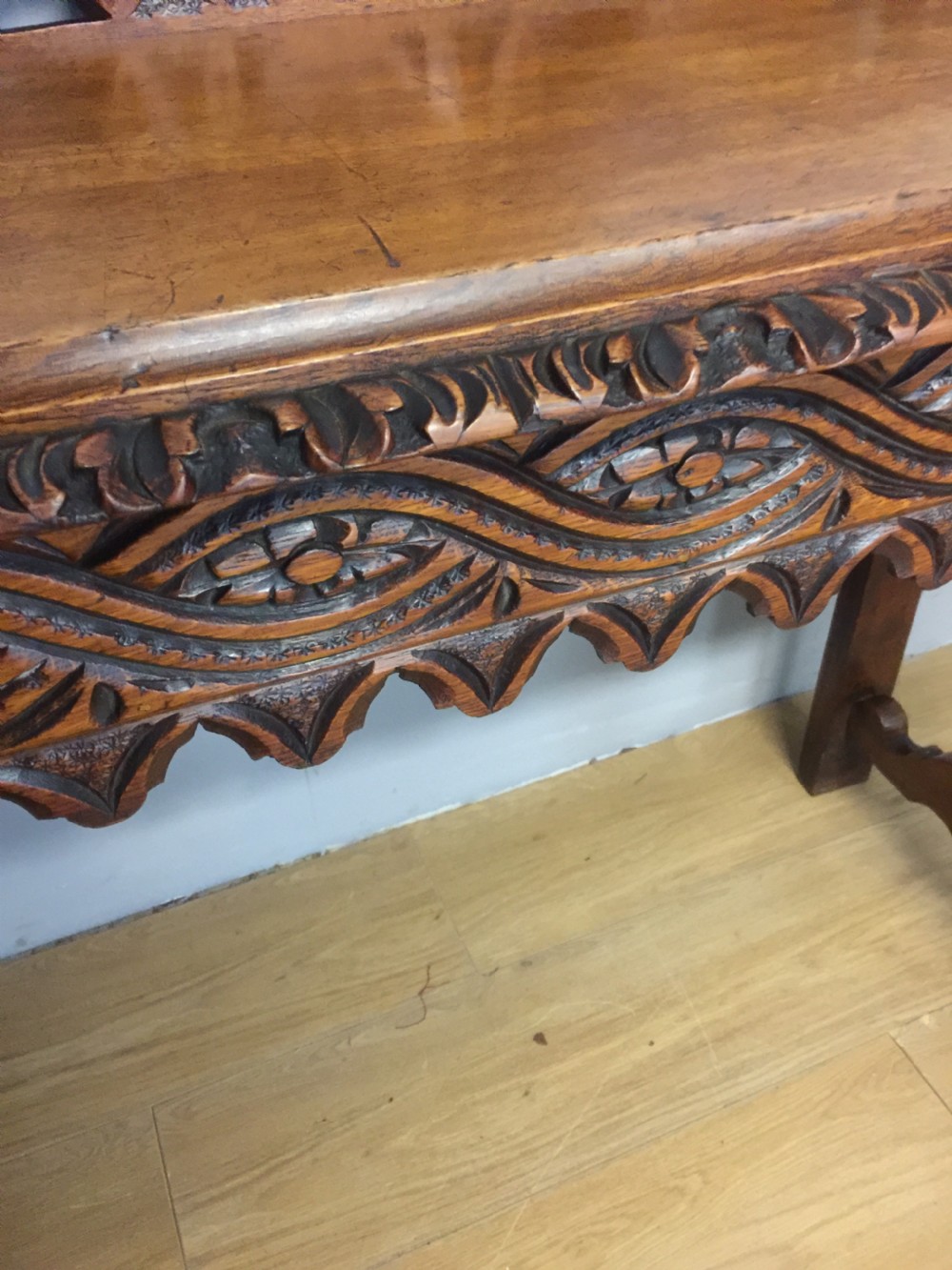 Nineteenth century carved solid oak console table with green man mask View IX