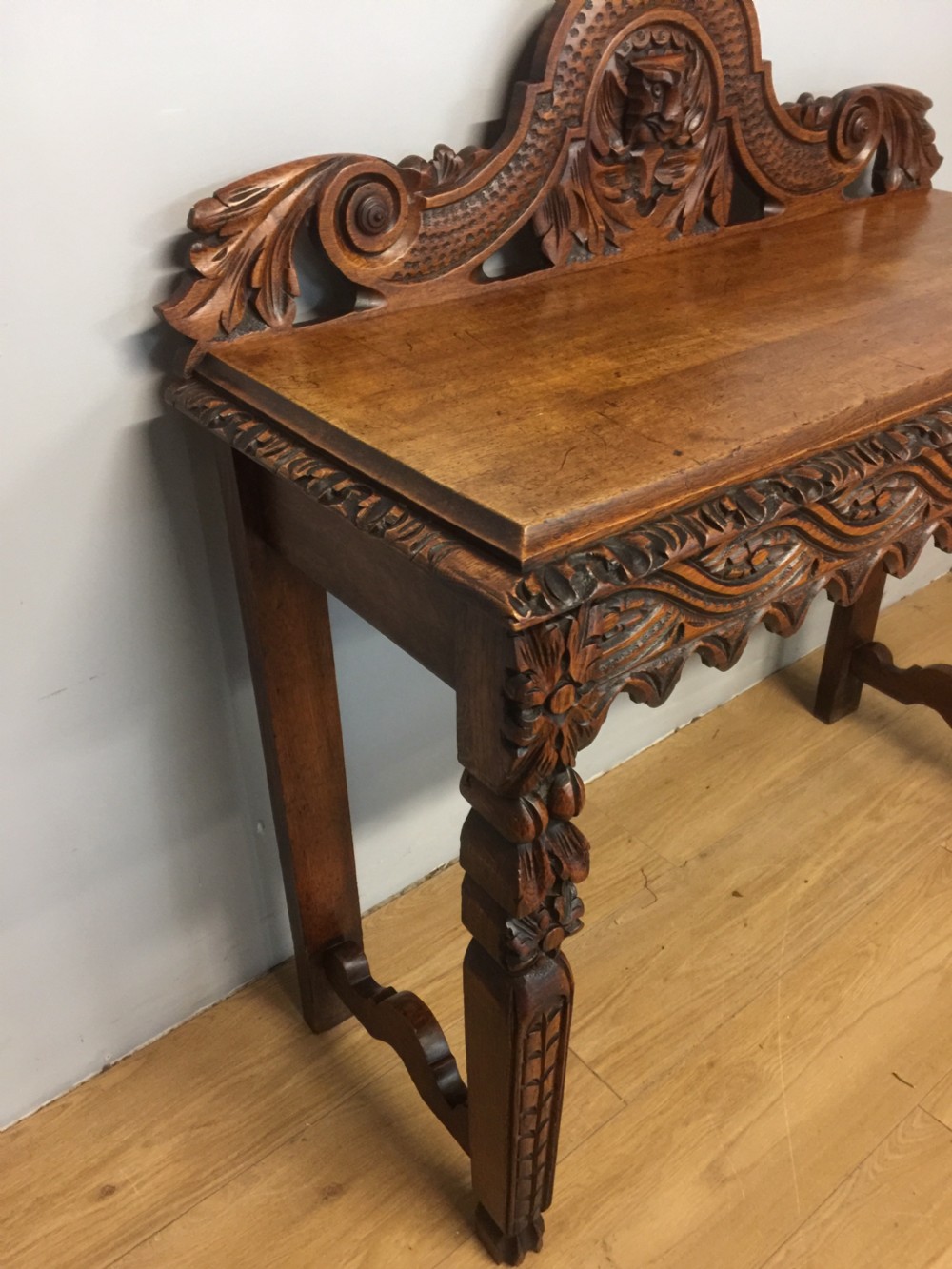 Nineteenth century carved solid oak console table with green man mask View X