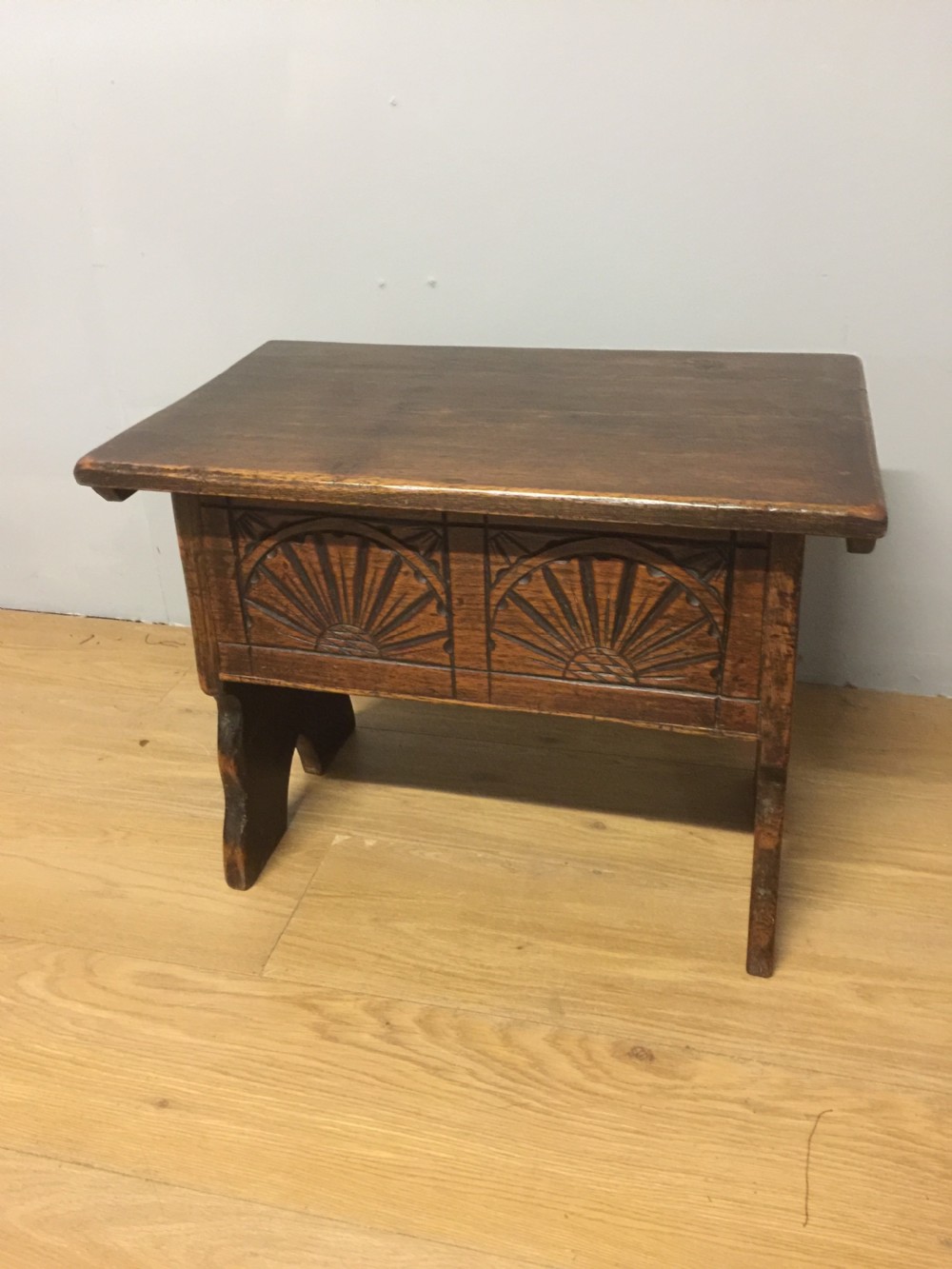 Antique solid oak carved box stool circa 1920