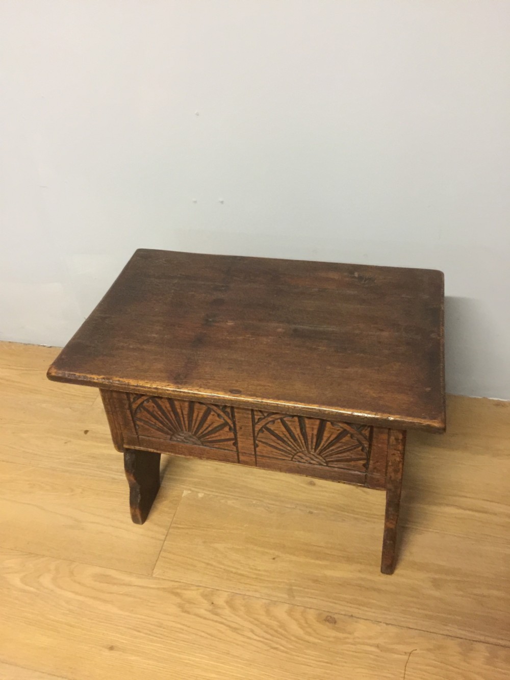 Antique solid oak carved box stool circa 1920 View II
