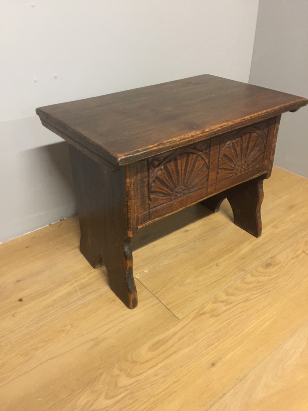 Antique solid oak carved box stool circa 1920 View III