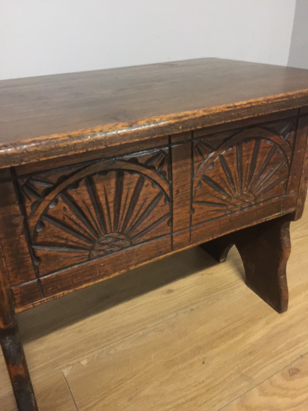 Antique solid oak carved box stool circa 1920 View IV