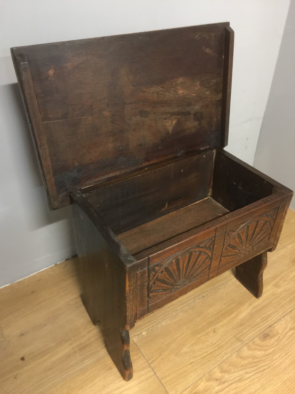 Antique solid oak carved box stool circa 1920 View V