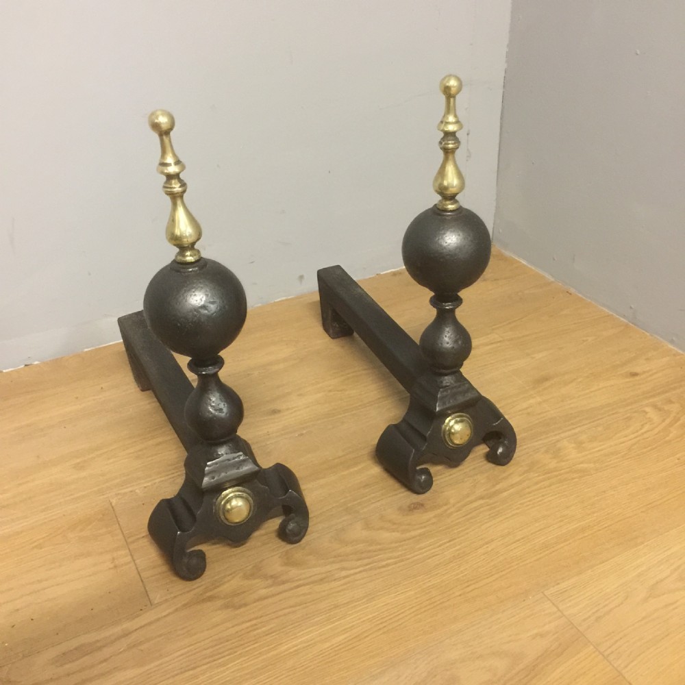 Nineteenth century iron and brass andirons